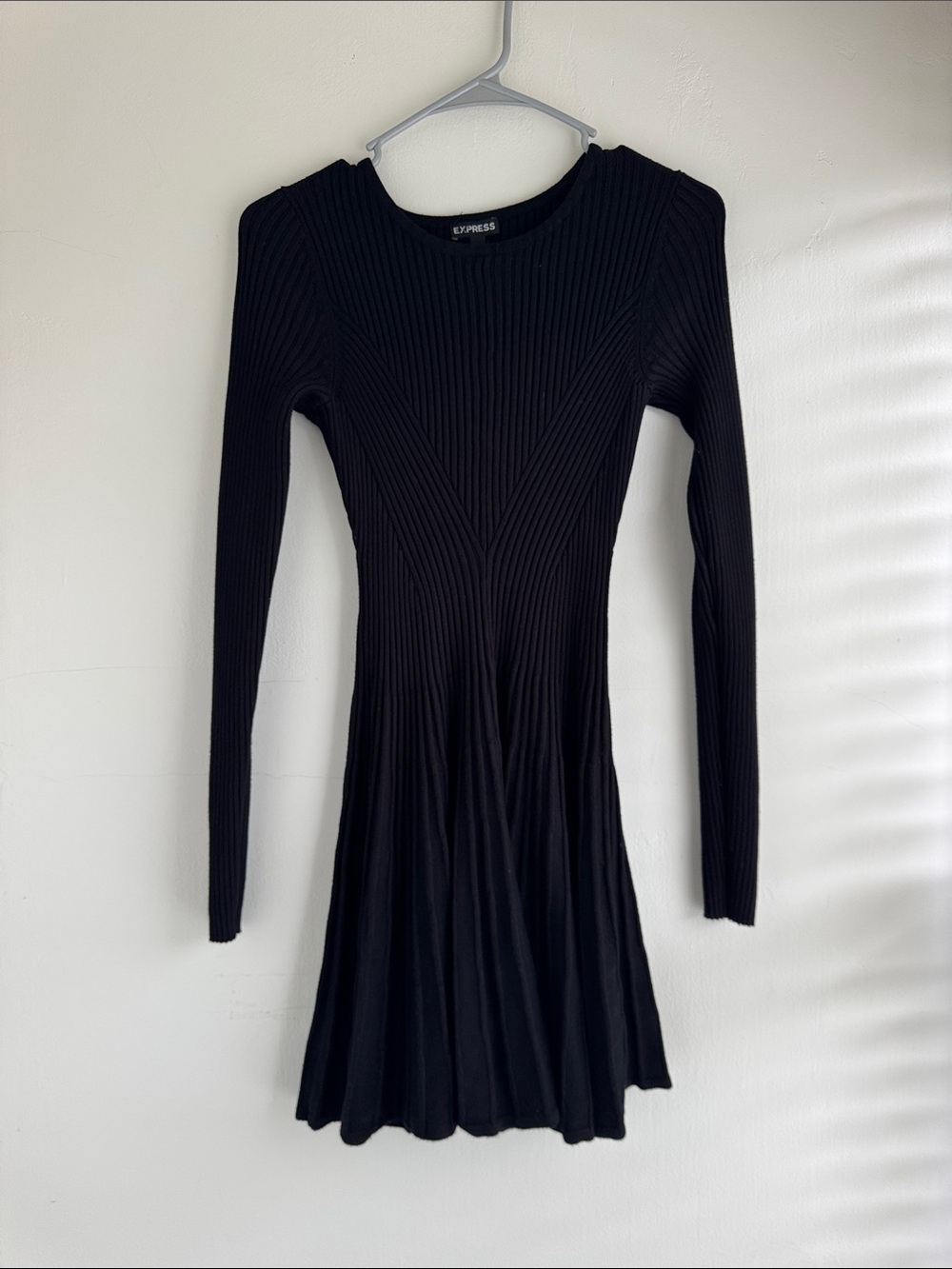 Express Black Ribbed Long-Sleeve Fit & Flare Sweater Dress